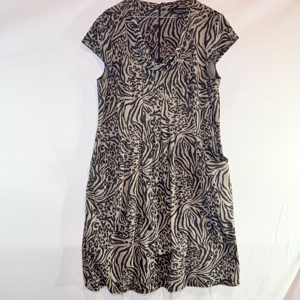Perceptions New York Animal Print Cowl‎ Neck Sheath Dress Tan Black Womens 16